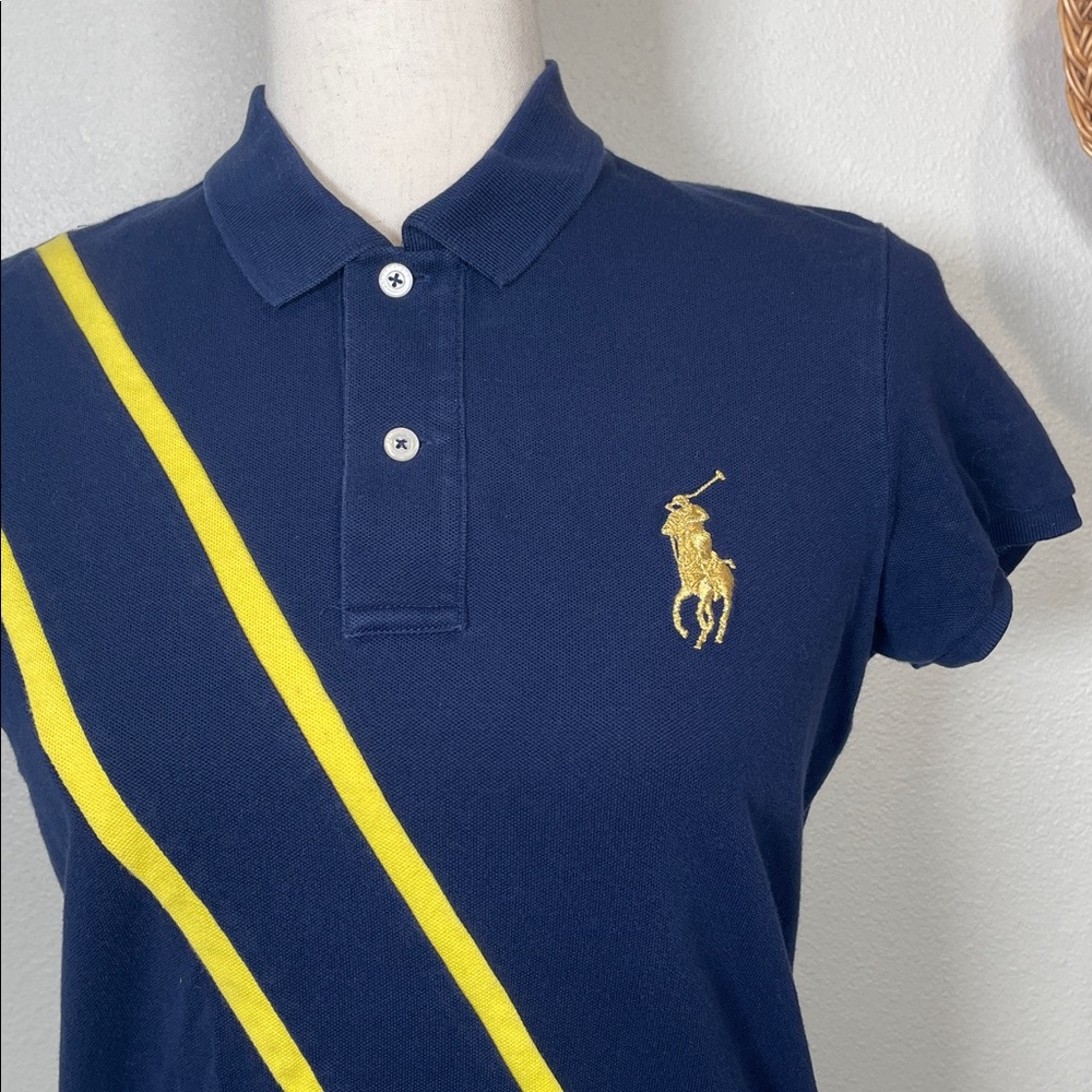 Ralph Lauren Gold Polo Shirt Navy Blue  Yellow Stripes Gold Pony Size Medium
